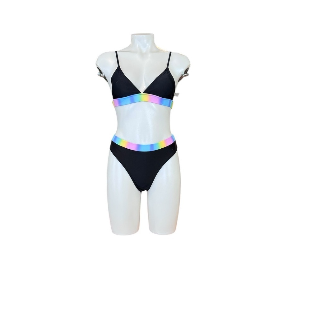 Black Bikini with Rainbow Accents and Sporty Design - Picture 2 of 6
